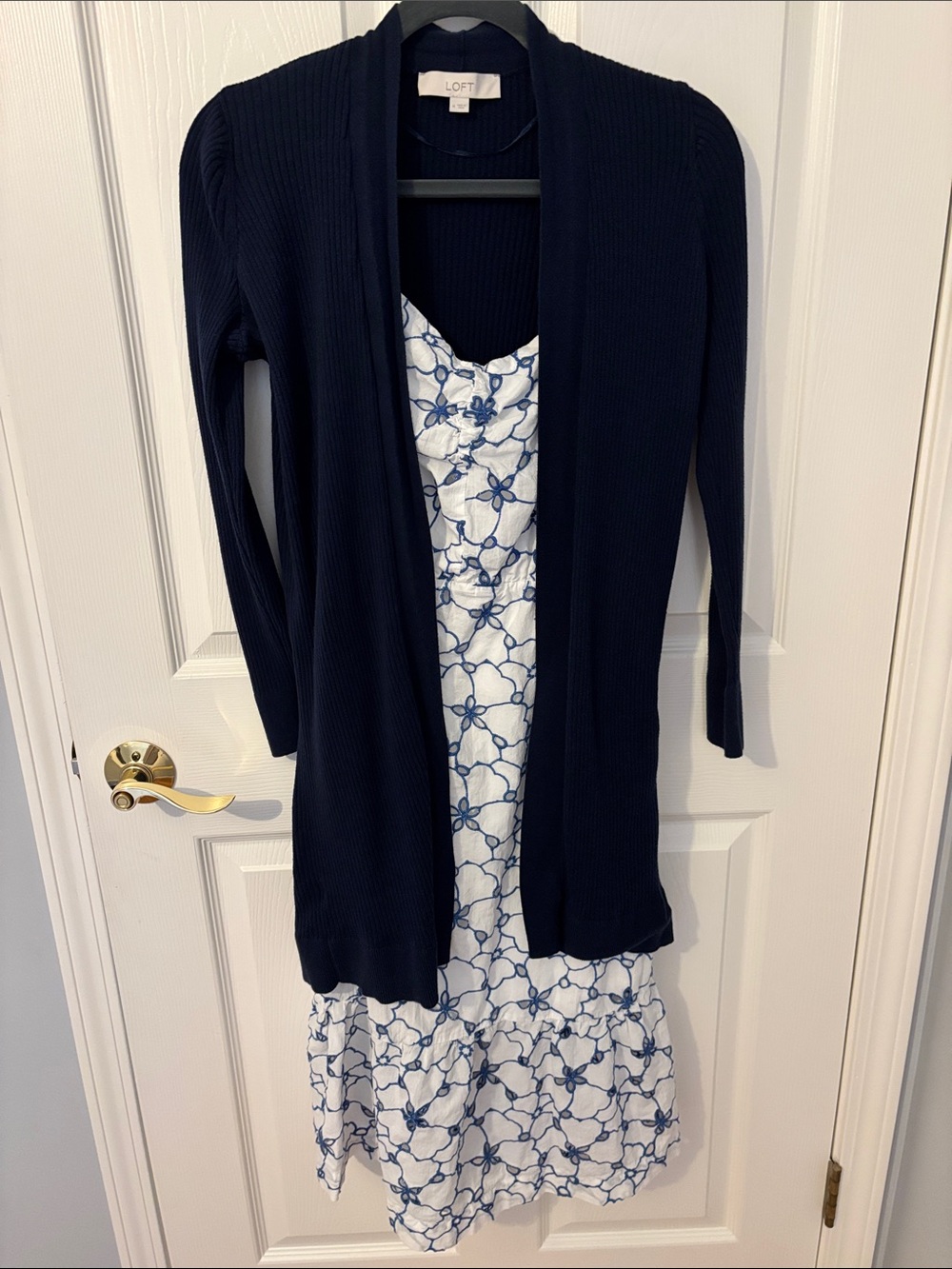 LOFT Navy Ribbed Open-Front Long Cardigan